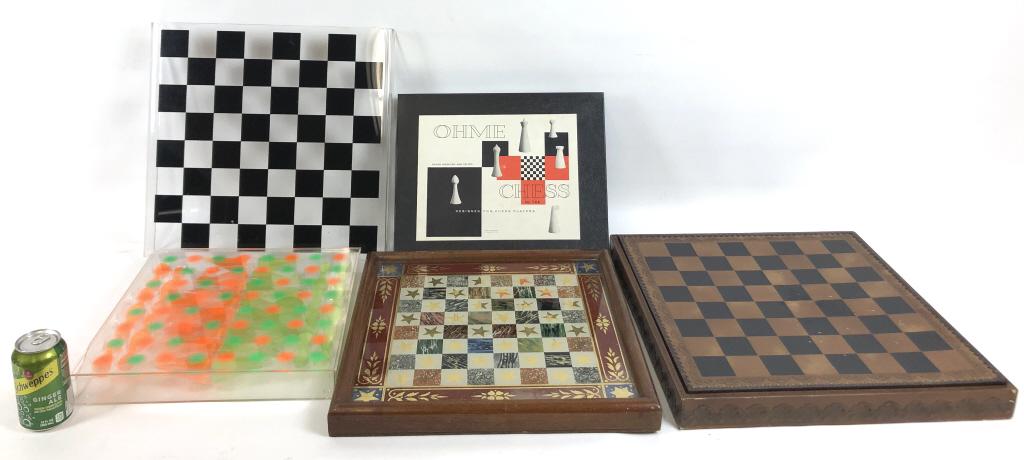 Group of 3 chess boards: Together with 2 set of chess pieces Condition, some scuff on leather chess board