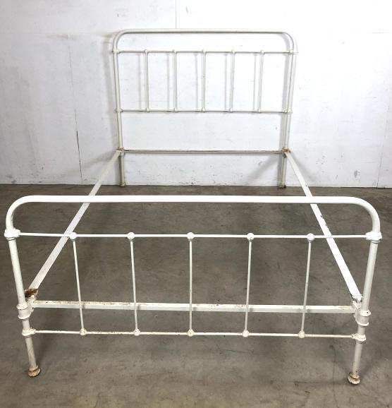 White painted metal bed: 49 3/4"h x 78 1/2"w x 54"d Condition, wear to finish, some surface rust