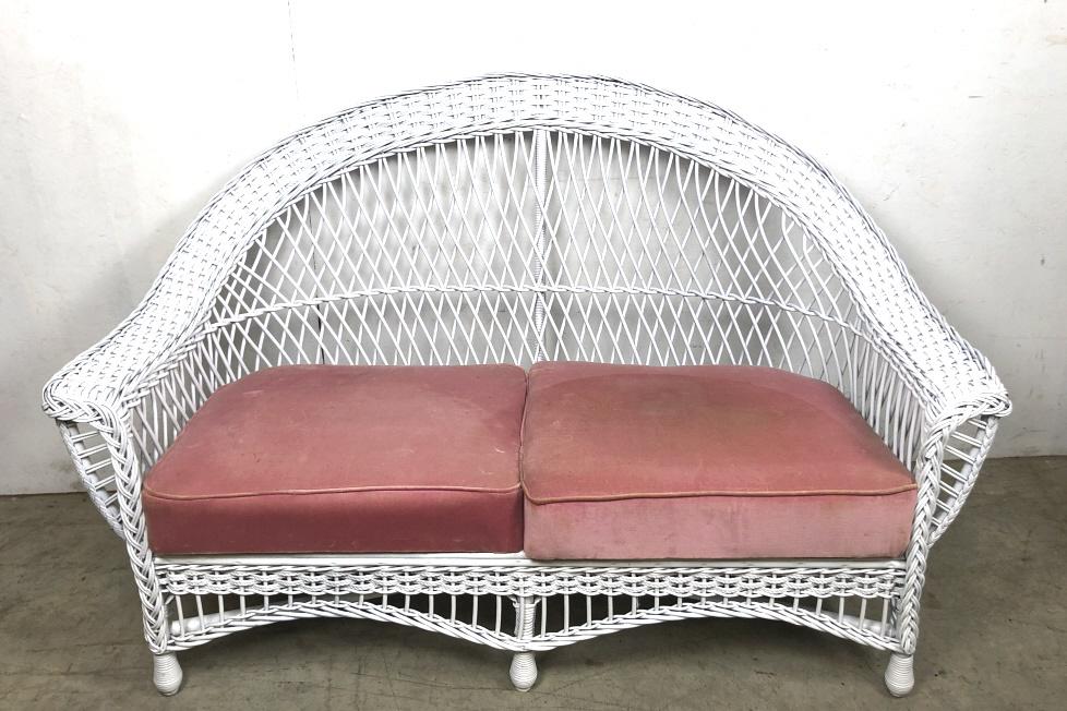 White winker settee: 37 1/2"h x 58"w x 26"d Condition, stains to seat, chipped paint