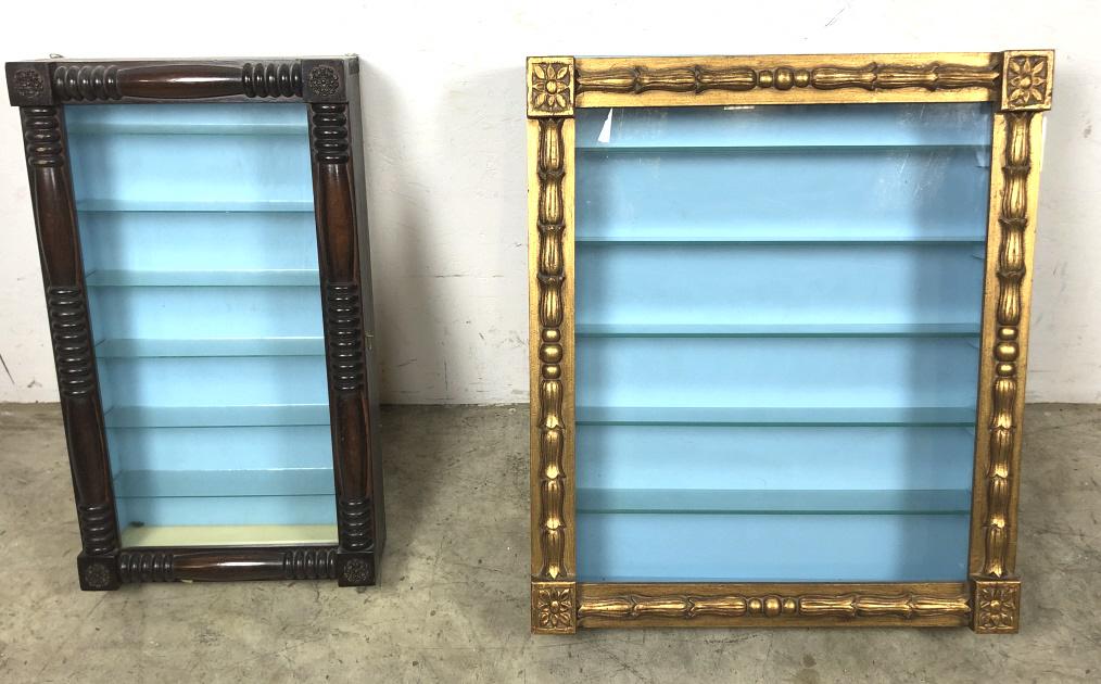 Two hanging shadow boxes: Larger 28"h x 24"w x 5 1/2"d Condition, some scratches and scuffs