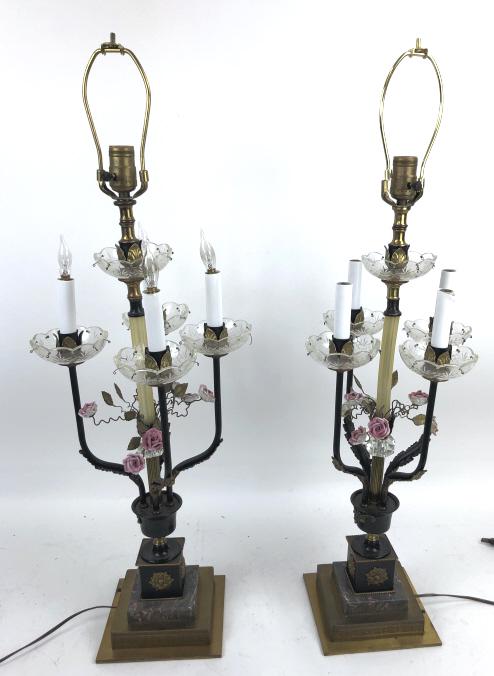 Pair of metal and porcelain floral decorated lamps: 35"h overall Condition, missing crystals, missing one metal rosette, untested