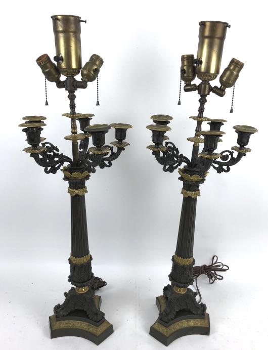 Pair of Empire style bronze candelabra: 33"h overall Condition, untested, needs cleaning, some wear to patina