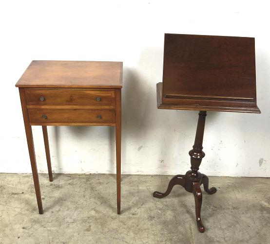 Yew wood two drawer side table: Together with reading stand Side table 30 1/2"h 18 3/4"w 13 3?4" d Condition, some wear to finish on top, scratches and scuffs