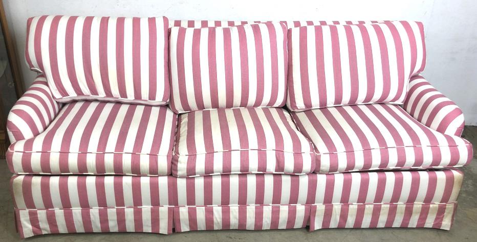Striped upholstered sleeper sofa sofa: Manufactured by Jeanne Leonard Furniture Designs 31" h x 81 1/2"w x 36"d Condition, missing sleeper mattress, some minor tears and stains, needs cleaning