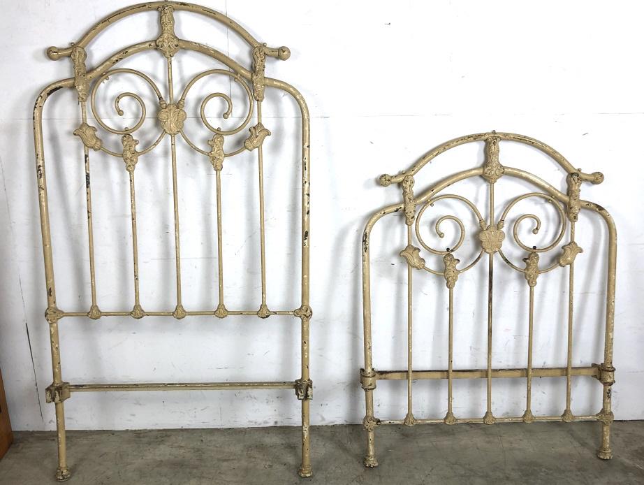 White painted iron bed: 64 3/4"h x 36"w x 78 1/2"l Mattress size 36" x 75 1/2" condition, overall wear, chipped paint, scratches, minor rust