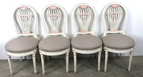 Set of 4 balloon back chairs: 37 1/4"h x 18"w x 21 1/4"d Condition, some scratches and scuffs