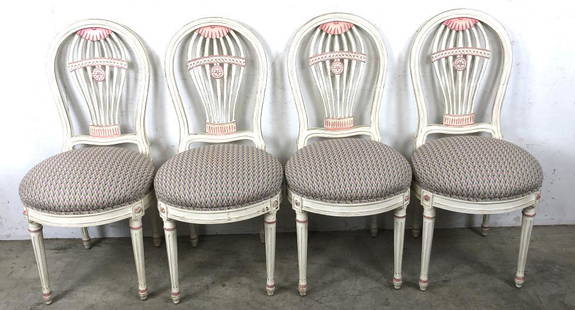 Set of 4 balloon back chairs: 37 1/4"h x 18"w x 21 1/4"d Condition, some scratches and scuffs