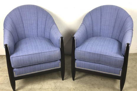 Pair of Art Deco style lounge chairs: 34"h x 26"w x 32"d Condition, some scratches, scuffs and some sun fading on back of one chair