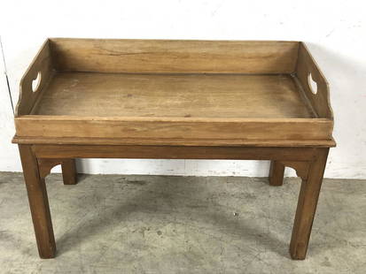 Pine butler's tray on stand: 25 1/4"h x 38"w x 19 3/4"d Condition, some scratches, scuffs, water stains and cracks