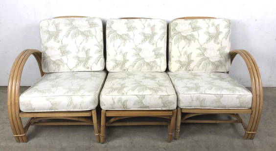 Bamboo 3 section settee: 28"h x 67 1/2"w x 31"d Condition, some cracks, scratches, scuffs one piece needs reattaching