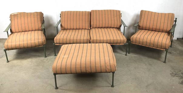 Metal and upholstered sunroom set: Settee 28"h x 57 1/2"w x 32"d Condition, needs re-upholstery, scratches and scuffs