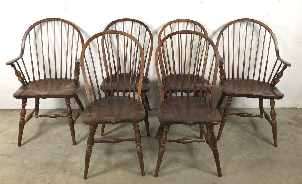 Set of 6 Windsor chairs: Armchair 39 1/4" h x 23 1/2"w x 17"d Condition, scratches scuffs, old repairs