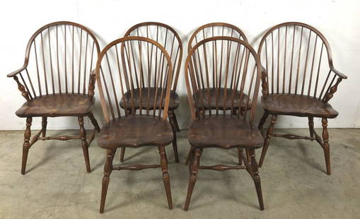 Set of 6 Windsor chairs: Armchair 39 1/4" h x 23 1/2"w x 17"d Condition, scratches scuffs, old repairs