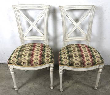 Pair of Louis XVI style white painted side chairs: 35 1/2"h x 19 1/4"w x 22"d Condition, some scratches, scuffs and chips