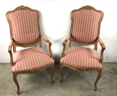 Pair of Louis XV style Fauteuils: 45 1/2"h x 23 1/2" w x 27 1/2"d Condition, overall wear, small stain on arm