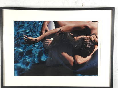 Risa Korris: Couple in pool Photograph Sight 14 3/4"h x 23"w Condition, photo has slipped in frame