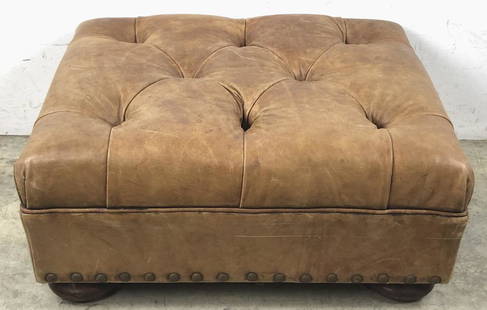 Ralph Lauren leather ottoman: 14"h x 31 1/2"w x 27"d Condition, overall wear and scratches