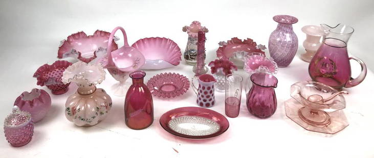 Group of pink and red glass articles: Approximately 20 items Tallest 10"h Condition, light wear, some paint loss