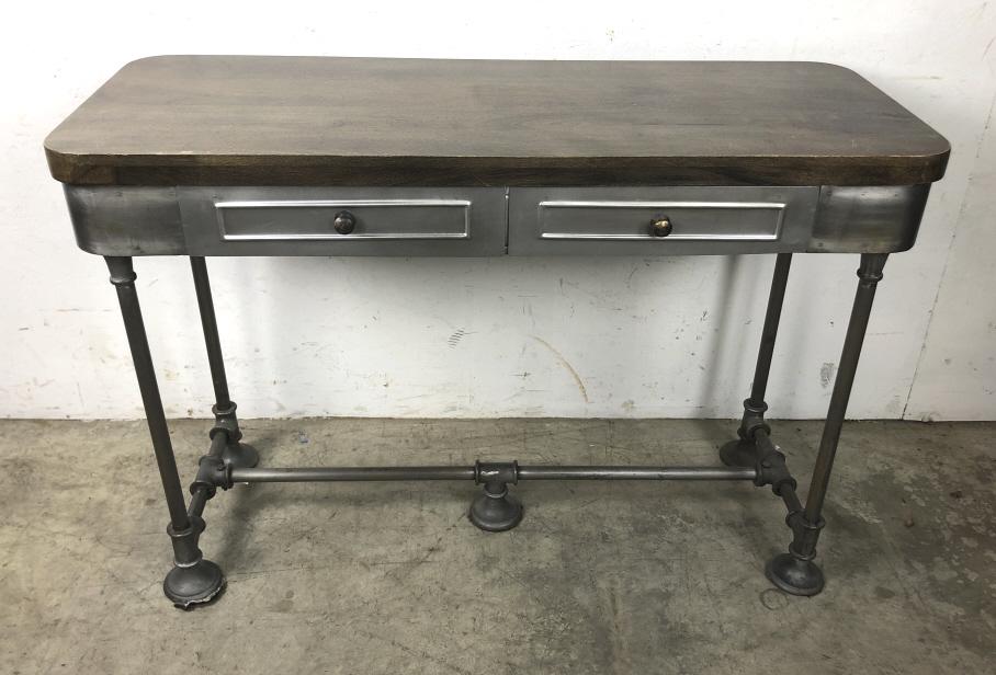 Industrial style two drawer side table: 31 1/4"h x 44"w x 16"d Condition, some scratches and dings