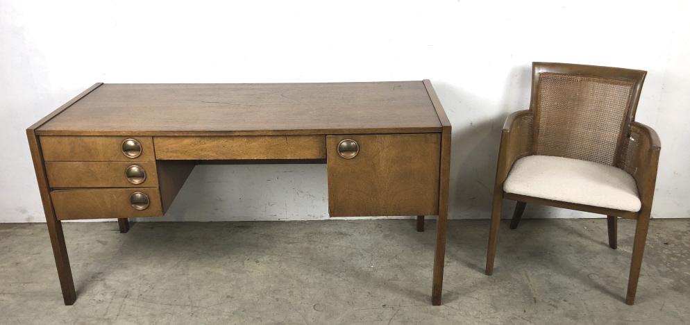 Dunbar style desk and chair: Desk 29"h x 58" 24"d Condition, overall wear, scratches, chipped veneer, old repairs to chair and ripped canning