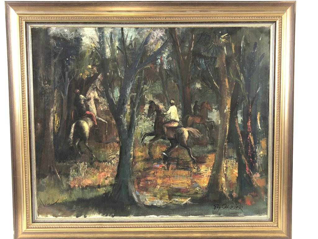 Guy Canbrier (French 1923-2008): Horses in woods Oil on canvas Sight 25 3/4"h x 31 1/2"w Condition, scratch on painting, chip to frame