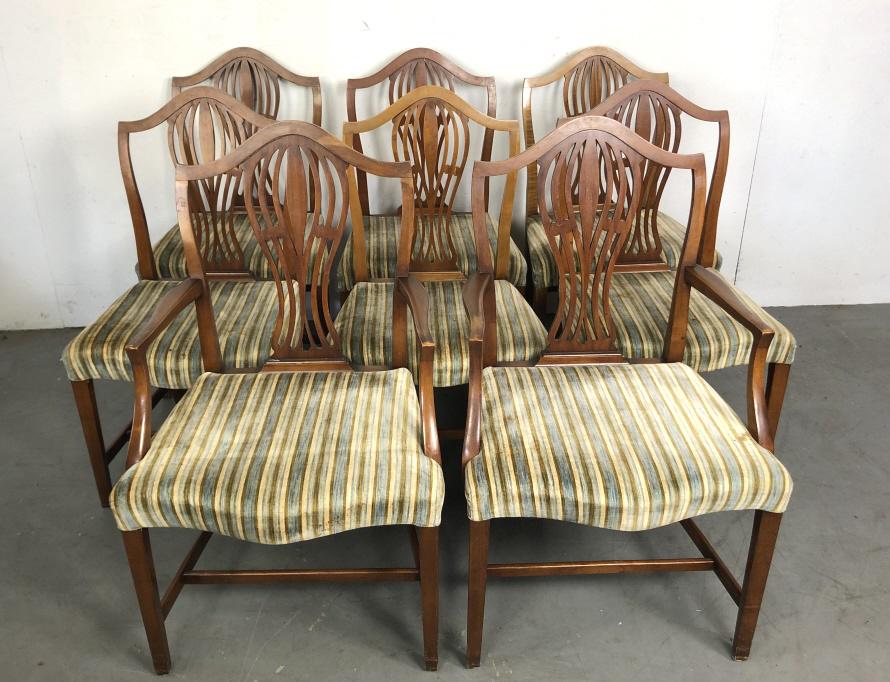 Set of 8 dining room chairs: Armchairs 39 3/4"h x 24"w x 20"d Matches lot 70 Condition, overall wear, stains