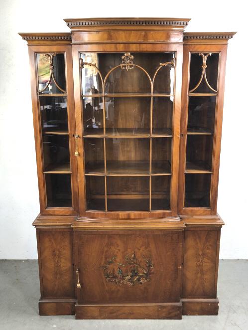 Mahogany and paint decorated breakfront: 72 1/4"h x 47"w x 14 1/2"d Condition, overall wear, chipped veneer, wear to edges and key holes