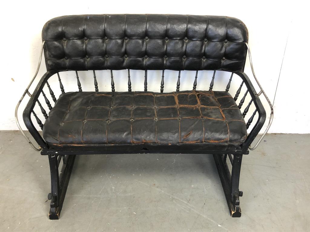 Horse buggy bench: 30 3/4"h x 42 1/4"w x 22"d Condition, overall wear, rips and tears to leather seat