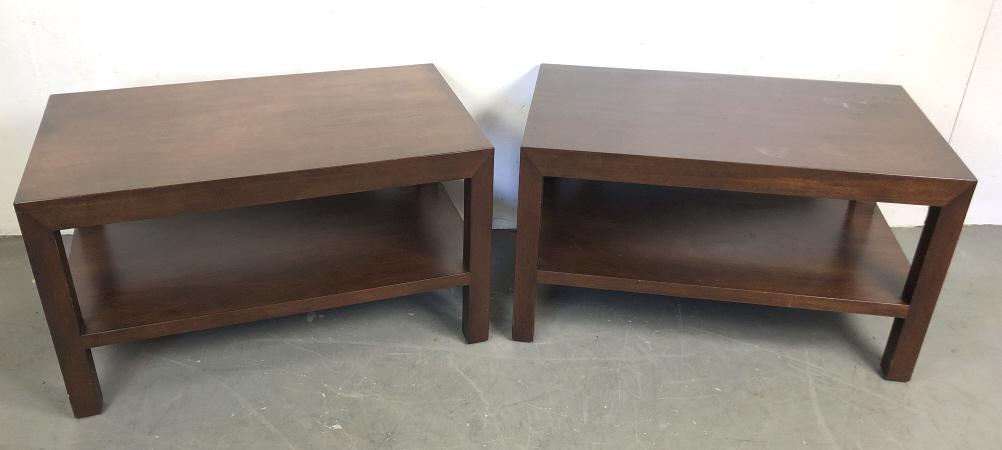Pair of Dunbar two tier side tables: 20 1/2"h x 35"w x 20"d Condition, overall wear, scratches and scuffs