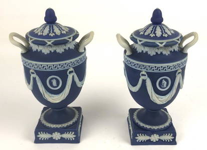 Pair of Wedge Jasper ware urns