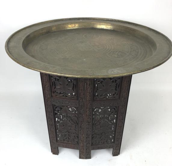 Asian style brass tray on folding stand: 19 1/4"h x 25" dia Condition, some chips to wood