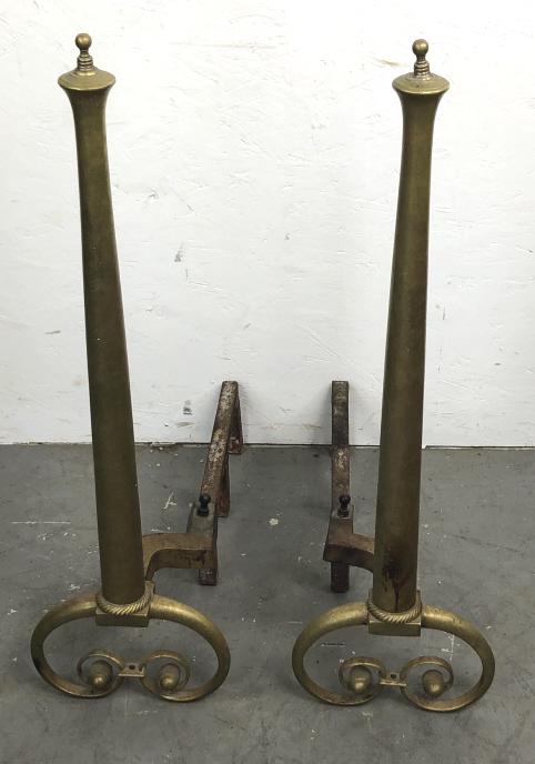 Pair of brass andirons: 29 1/2"h x 8 3/4"w x 21"d Condition, some scratches needs polishing