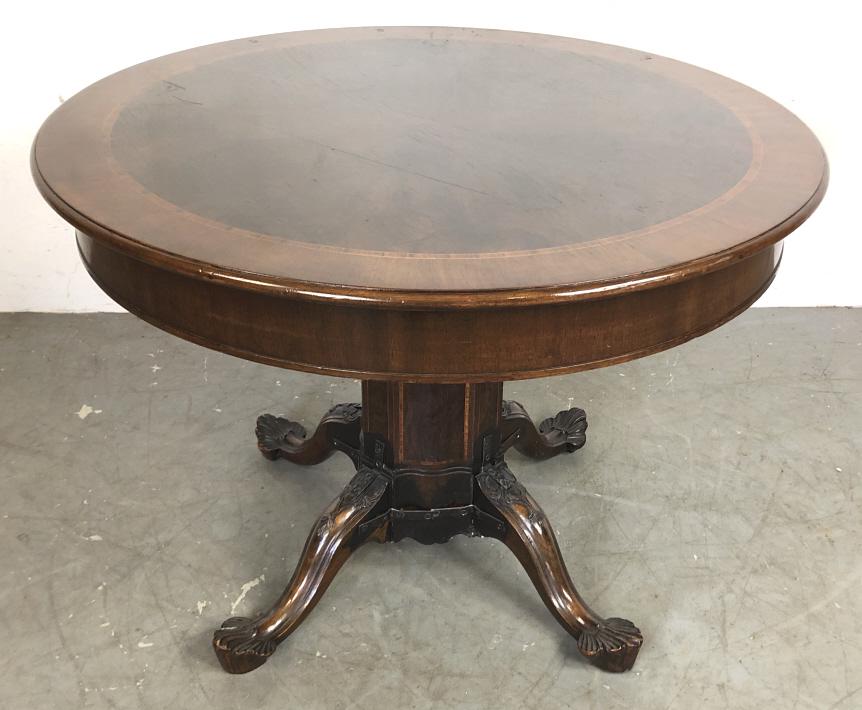 Mahogany drum table: 27 1/2"h x 39 1/2"dia Condition, old repairs to base, scratches, scuffs, gouges