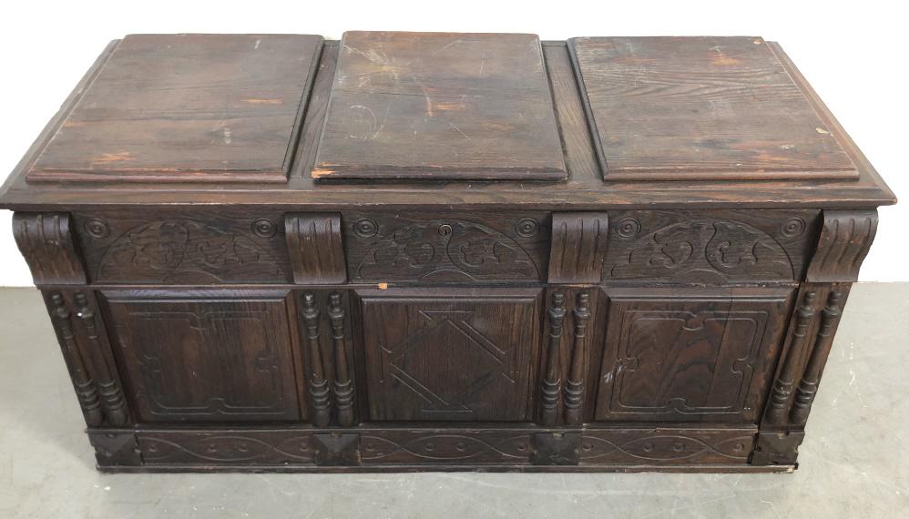 Oak and cedar lined blanket chest: 22 1/2"h x 48"w x 21 1/4"d Condition, overall wear, scratches, dings, loose panels on the top