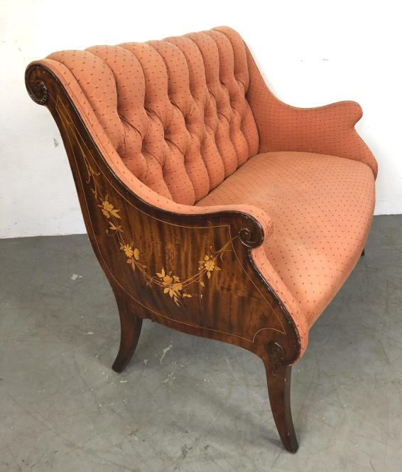 Upholstered mahogany and inlaid settee: 36 1/2"h x 46"w x 27 1/2"d Condition, scratches, scuffs, gouges, overall wear, faded fabric