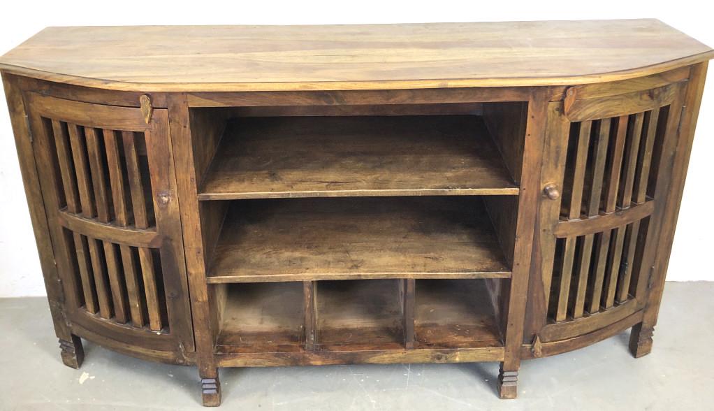 Hardwood side cabinet: 36"h x 67 3/4"w x21"d Condition, scratches, dings, open seams, missing knob, some stains