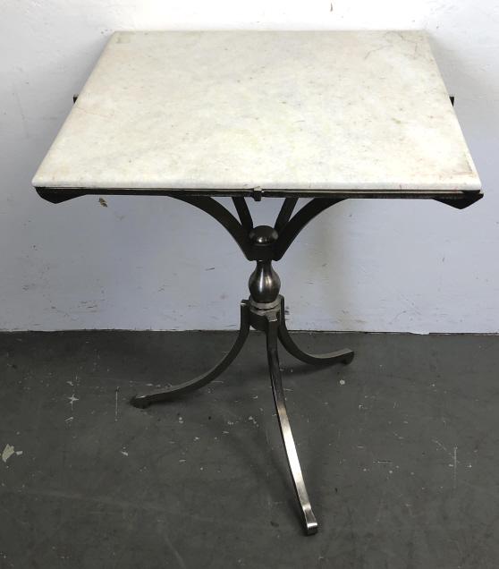 Metal and marble top side table: 29 3/4'h x 23 1/2" sq Condition, some scratches, gouges and pen marks