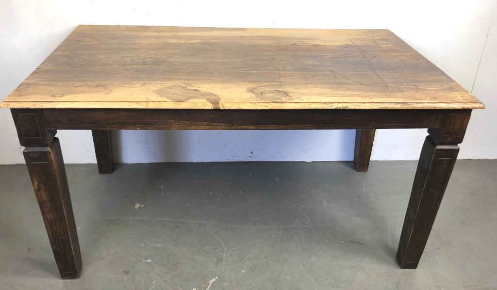 Hardwood farmhouse style dining table: 29 3/4"h x 59 1/4'w x 36"d Condition, scratches, scuffs and stains
