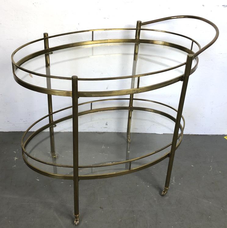 Brass and glass drinks cart: With removable handle 29 1/2"h x 33"w x 19 1/4"d Condition, needs cleaning