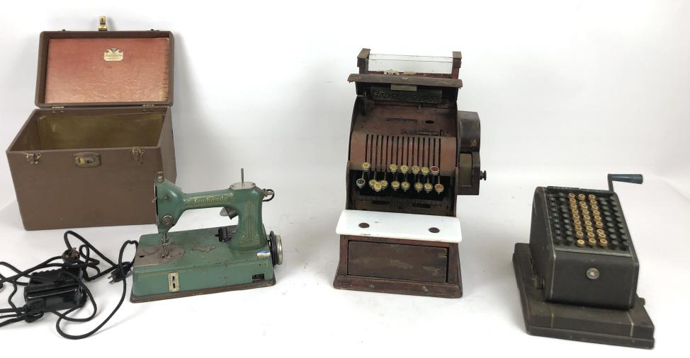 National cash register: Together with adding machine and Sewhandy sewing machine Cash register 17"h x 12"w x 16"d Condition, untested, as is