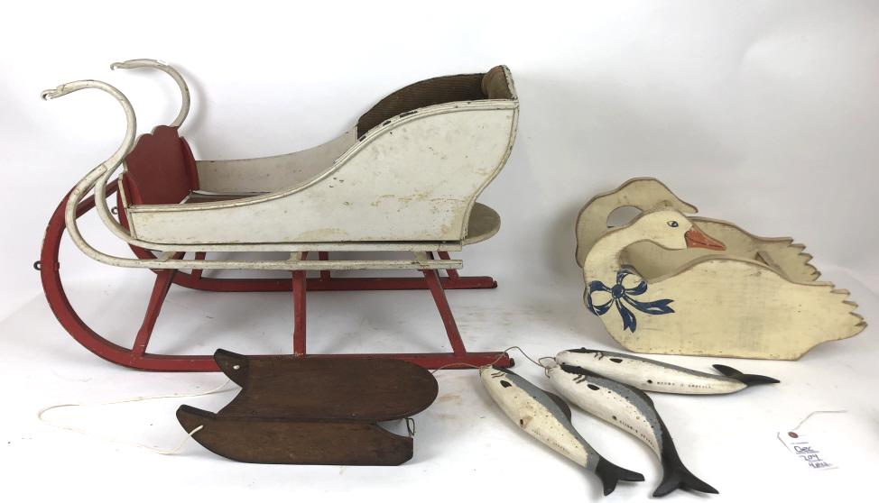 Child's sled: Together with , miniature sled, planter and painted wood trout Largest 19 1/2"h x 32 1/2'w x 14 3/4"d Condition, overall wear