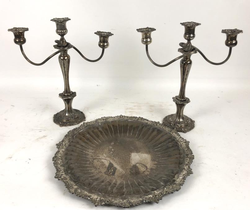 Pair of silver plated candelabra: Together with silver plated tray Candelabra 16"h x 14"w Condition, needs polishing