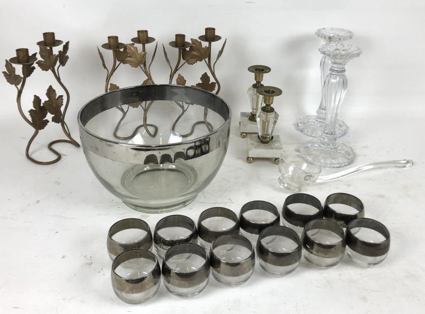 Glass punchbowl with cups and ladle: Together with candle sticks and candelabra Punch bowl 7"h x 11"dia Condition, needs cleaning, rubbed silver