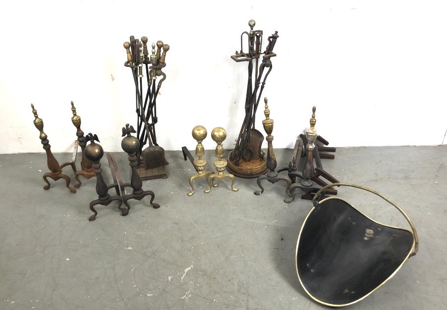 Group of andirons and fire tools: Including 5 pairs of andirons Condition, overall wear and rust