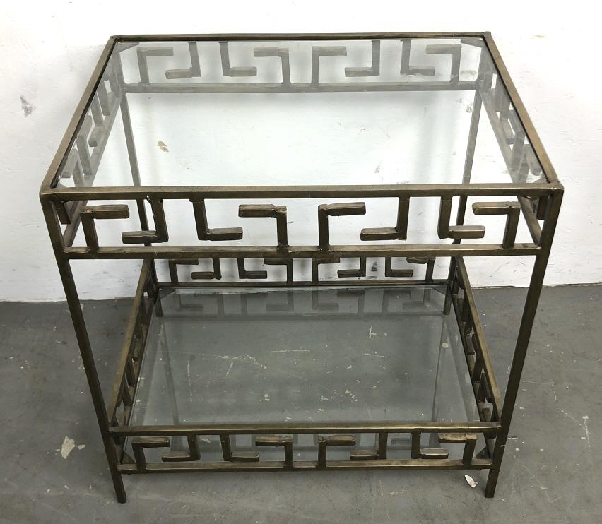 Bronze and glass two tier side table: 24"h x 24"w x 18"d Condition, some scratches
