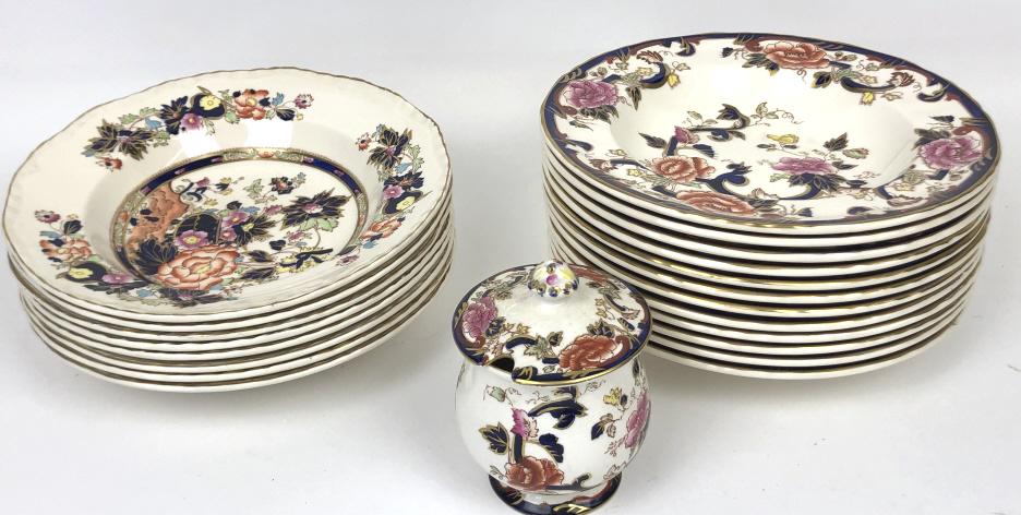 Group of Masons Iron stone: Consisting 12 soup bowls and lidded sugar in the Mandalay pattern, and 8 soup bowls in the Mandarin pattern Condition, light use