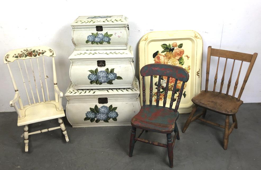 Miscellaneous group of furniture: Comprising, 3 boxes, two chairs, rocking chair and tray Rocking chair 28 1/4"h Condition, some paint flaking on one box, overall wear