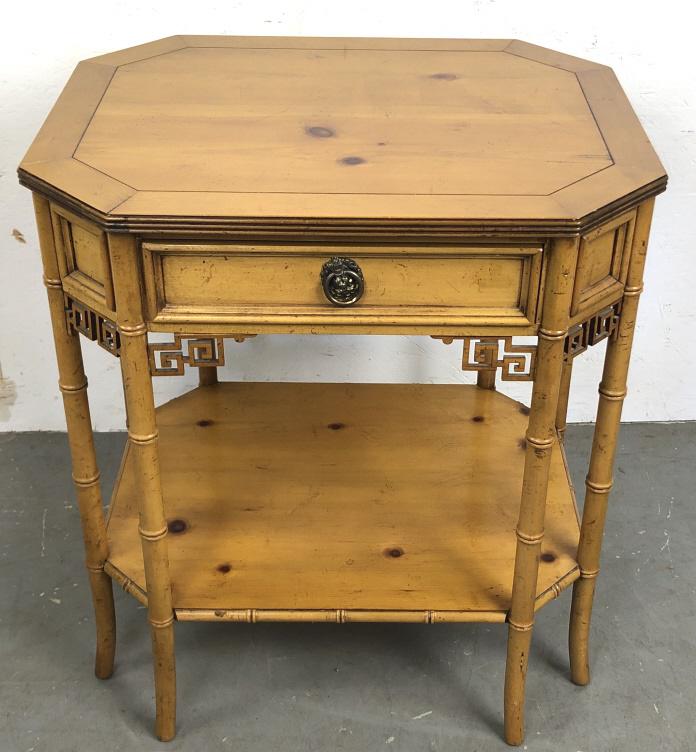 Baker blond wood and faux bamboo side table: 28 1/4"h x 25"w x20"d Condition, some scratches and scuffs