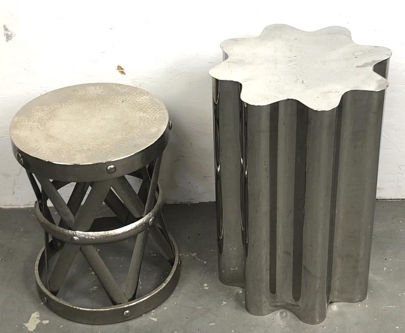 Modern metal side table and stool: Table 19 3.4" x 19 1/2" dia Condition, some scratches, dents and scuffs