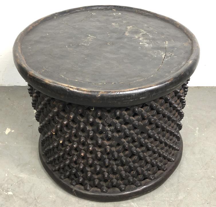 Vintage Bamileke Wood Stool / Table: 20 1/2"h x 28" dia Condition, some cracks, scratches and scuffs